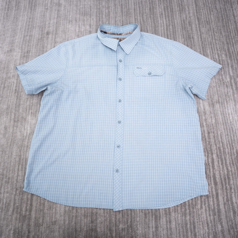 Realtree Button Up Shirt Mens XL Blue Plaid Excellent Short Sleeve Outdoor